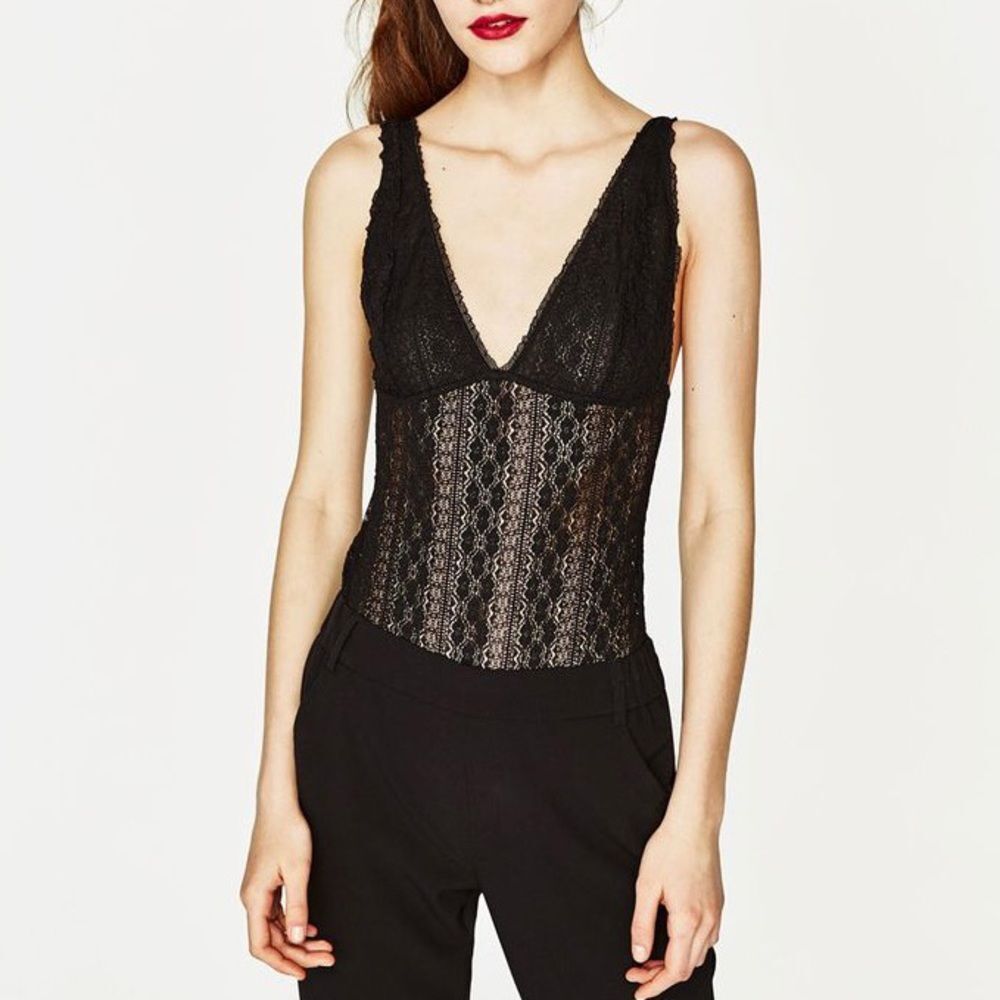 ZARA black sheer floral lace striped bodysuit women's size small